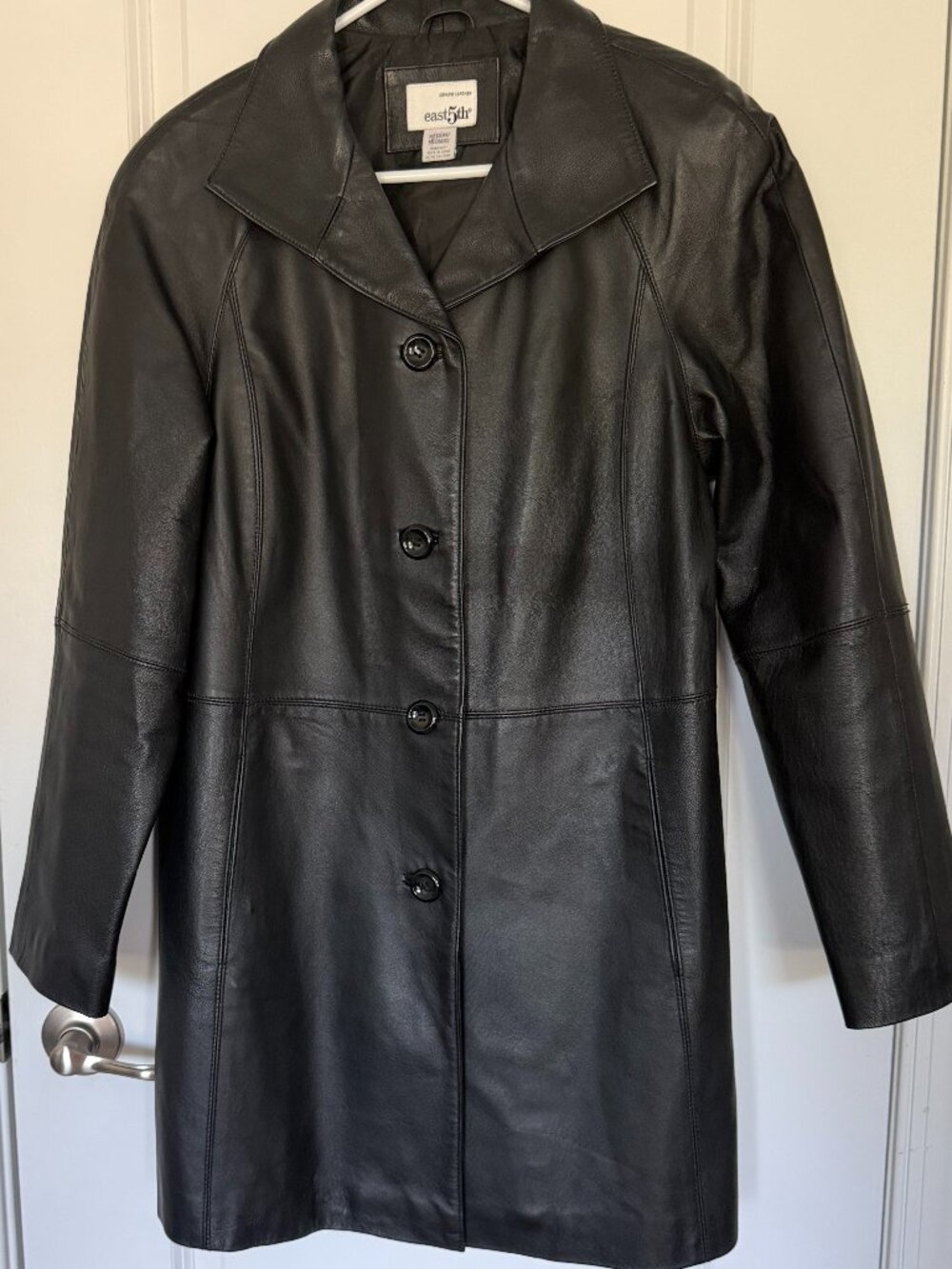 East 5th 34" Mid-Length Black Real Leather Jacket - Size Medium - Mint